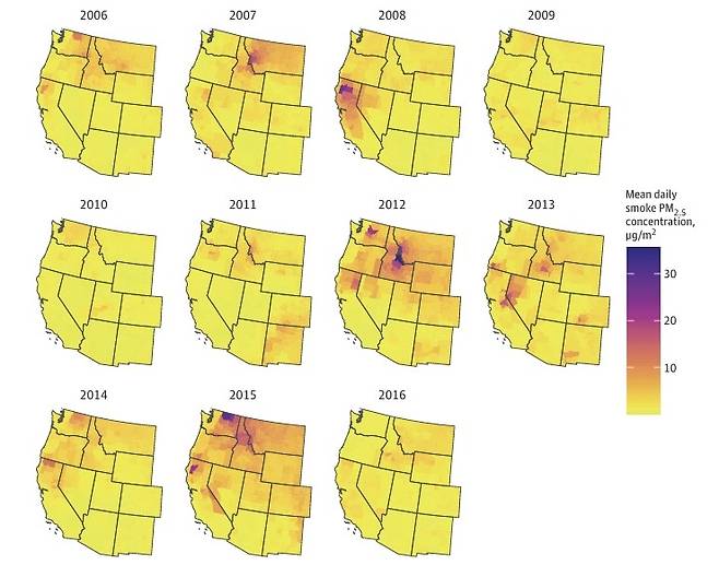 2006~2016년 미국 서부지역 카운티 및 연도별 산불 연기 초미세먼지(PM2.5) 농도 [JAMA Network Open / Rachel C. Nethery et al. 제공. 재판매 및 DB 금지]