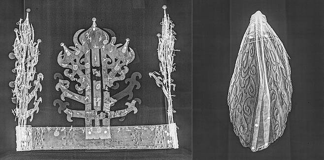 신촌리 금동관 엑스레이(X-ray) 사진 대관 정면(왼쪽), 모관 옆면(오른쪽)을 각각 촬영한 사진 [국립나주박물관 제공. 재판매 및 DB 금지]