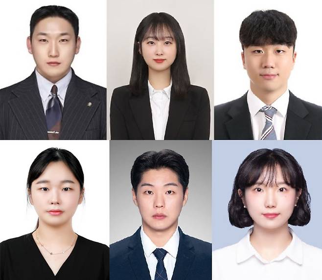▲ (위 왼쪽부터) 법학과 전세철, 임예원, 장호원, 윤예림(아래 왼쪽), 김영재, 사회복지학과 이수민 졸업생. /사진제공=가천대학교
