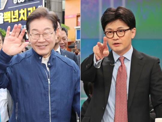 왼쪽부터 이재명 더불어민주당 제21대 대선후보, 한동훈 국민의힘 21대 대선 경선후보.<연합뉴스 사진 갈무리>