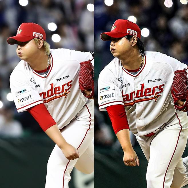 지난달 30일 인천 삼성전에서의 김민(왼쪽)과 1일 인천 삼성전에서의 김민(오른쪽). 하루 만에 머리카락 색깔이 바뀌었다. SSG 제공