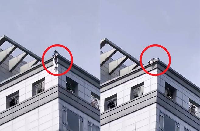 ▲ 강남의 한 오피스텔 옥상서 투신 소동을 벌인 여성이 2시간 만에 구조됐다. [X(구 트위터)]