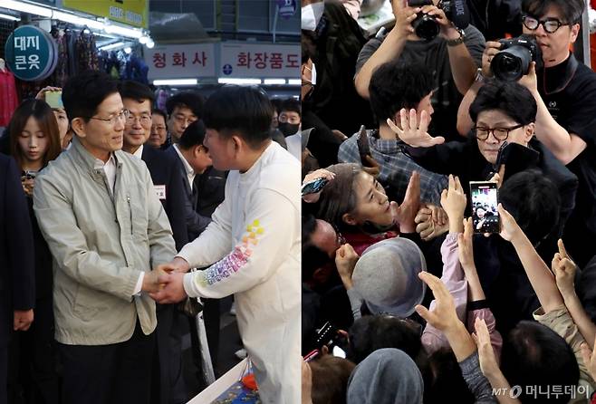 국민의힘 대선 경선 김문수(가나다순, 왼쪽 사진), 한동훈 후보가 1일 각각 대전중앙시장과 대구 서문시장을 방문, 상인·시민과 인사를 나누고 있다. 2025.05.01. /사진=뉴시스 /사진=고승민
