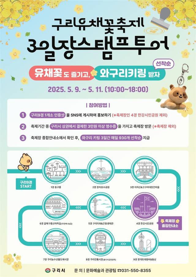 구리시는 오는 9일부터 11일까지 구리한강시민공원에서 열리는 ‘2025 구리유채꽃축제’ 기간 ‘3일장 스탬프 투어’를 진행한다. 구리시 제공