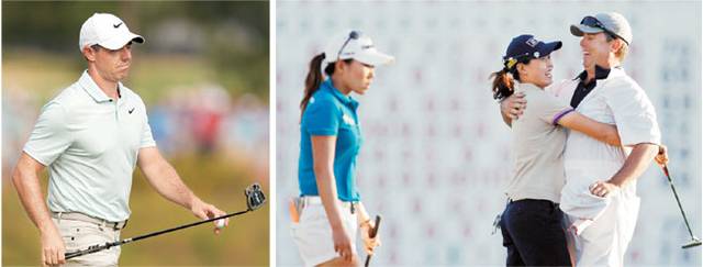 북아일랜드의 로리 매킬로이(왼쪽 사진)가 지난해 US오픈 4라운드에 결정적인 퍼트 실수 후 아쉬운 표정을 감추지 못하는 모습. 오른쪽 사진은 김인경(왼쪽)이 2012년 나비스코 챔피언십에 출전해 30㎝ 퍼트를 놓쳐 연장 승부를 허용한 뒤 준우승해 아쉬워하는 장면. AP 연합뉴스