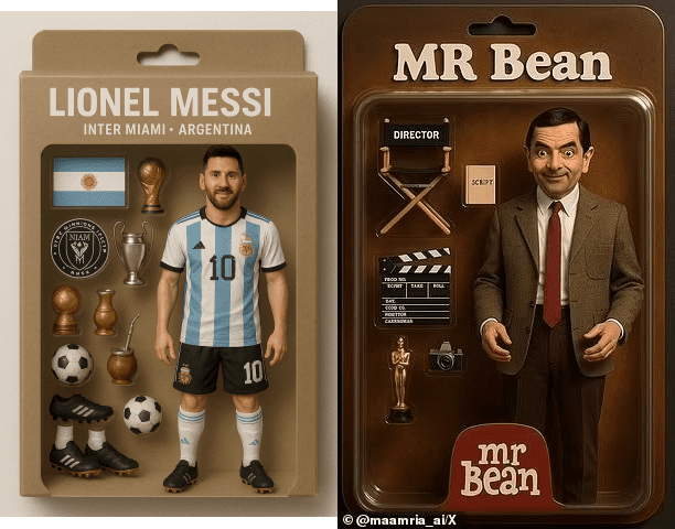 축구선수 리오넬 메시와 미스터 빈으로 유명한 영화배우 로완 애킨슨 사진으로 만든 피규어 사진(자료: 폰아레나)