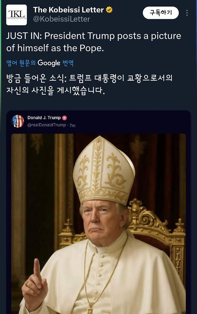 트럼프, 교황 합성사진 게시