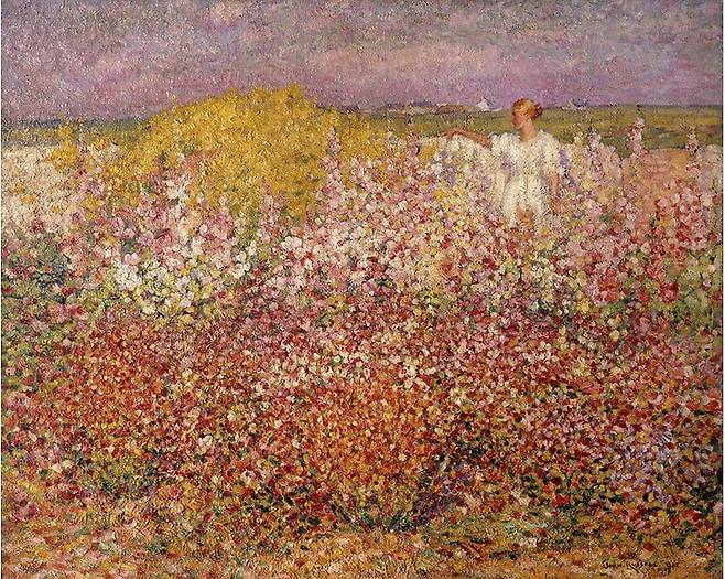 굴파르 정원의 꽃들 사이에 있는 러셀 부인(1907). 화려한 색채에는 마리아나에 대한 러셀의 사랑과 기쁨이 담겨있는 듯하다. /오르세미술관