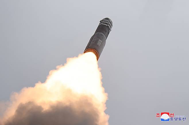 A North Korean Hwasong-18 solid-fuel intercontinental ballistic missile is seen taking off in this photo taken by the state-controlled Korean Central News Agency on July 12, 2023. [YONHAP]