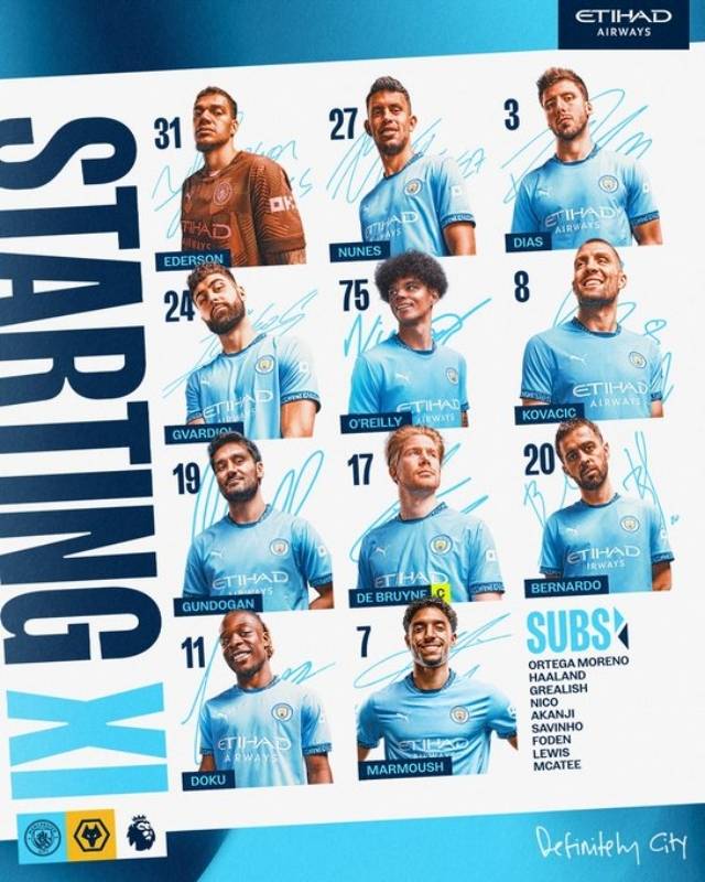 맨시티는 골키퍼 에데르송을 시작으로 오라일리-그바르디올-디아스-누네스-코바치치-귄도안-도쿠-더브라위너-베르나르두-마르무시가 선발 출전한다. 사진=맨체스터 시티 SNS