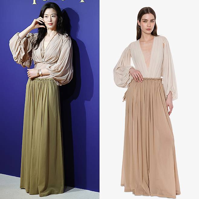 배우 전지현이 한줌 허리가 돋보이는 봄 패션을 선보였다. /사진=뉴스1, 필로소피 디 로렌조