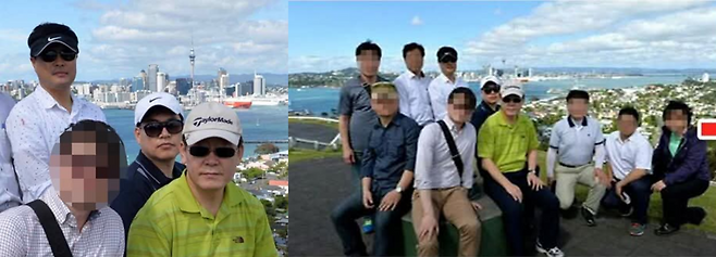 2015년 호주·뉴질랜드 출장 당시 故김문기 전 처장과 이재명 더불어민주당 대선 후보가 함께 찍힌 사진. 2021년 국정감사를 앞두고 국민의힘은 왼쪽 사진을 공개했고, 이 후보는 전체 사진 일부를 확대해 조작한 것이라 반박했다.