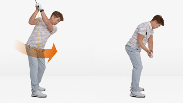 틀었던 골반이 정면을 향할 때까지는 손과 팔에 힘을 쓰지 말고 몸의 회전에 이끌려 내려오며 다운스윙에 시동을 건다는 느낌을 갖도록 한다.