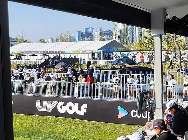 LIV 골프 8번 파티홀에서 치어리더들이 분위기를 띄우고 있다. 사진=전상일 기자