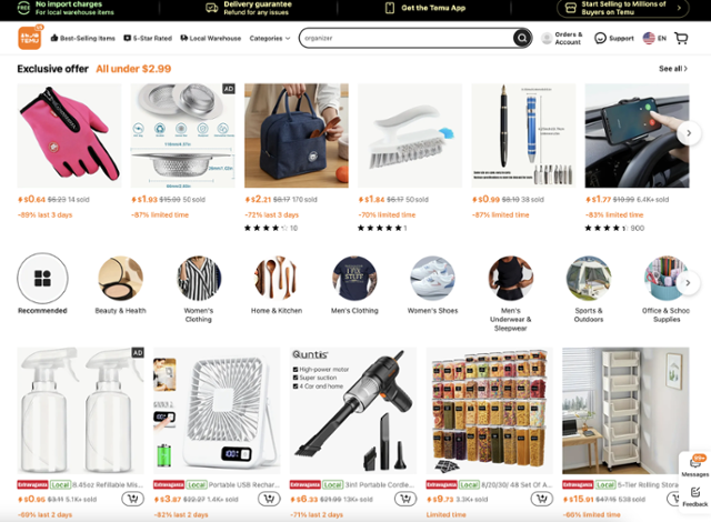 3일 미국에서 접속한 중국 초저가 쇼핑몰 '테무'의 첫 화면. 현지(local) 딱지가 붙은 제품들만 노출돼 있다. 테무 웹페이지 캡처