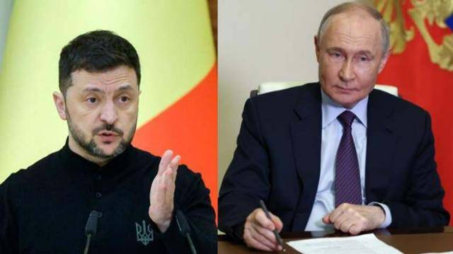 볼로디미르 젤렌스키(왼쪽 사진) 우크라이나 대통령과 블라디미르 푸틴 러시아 대통령. 크렘린궁 제공, 키이우·노보오가료보=EPA 스푸트니크 연합뉴스