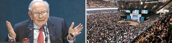 3일(현지시간) 미국 네브래스카주 오마하 CHI헬스센터에서 열린 버크셔해서웨이 주주총회에서 워런 버핏 회장이 주주들을 상대로 발언하고 있다. 오른쪽 사진은 전 세계에서 온 주주 등 4만명이 주총장에 운집한 모습. CNBC 캡처·윤원섭 특파원