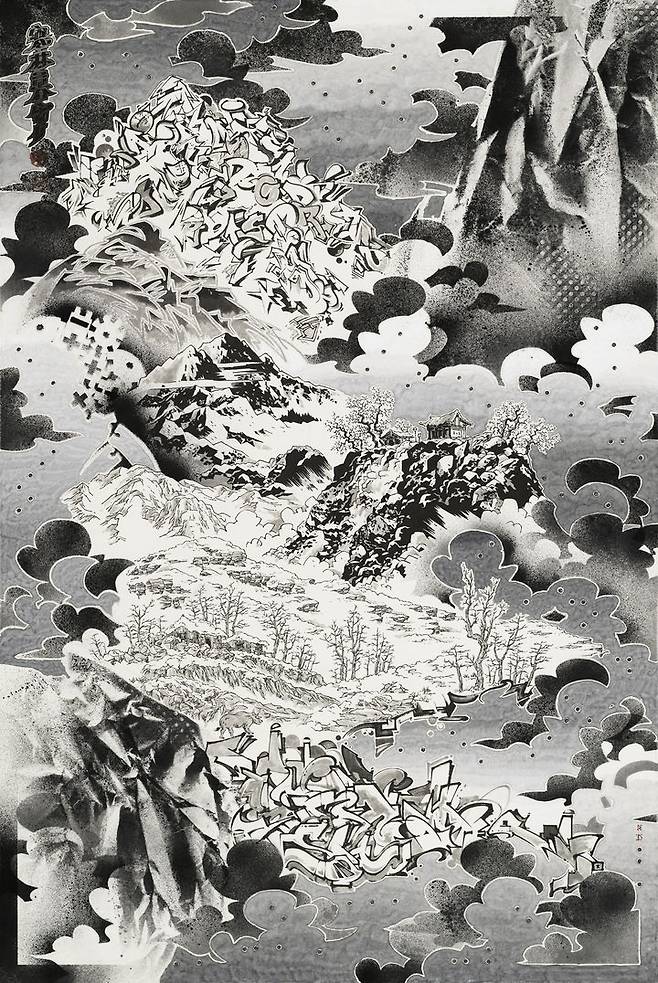 손동현_한림모설(寒林暮雪) Snow at Dusk in a Cold Forest, 2024-2025, 종이에 먹, 잉크, 크래용, 인주(印朱) Ink, Stamp Ink and Crayon on paper, 194×130㎝ *재판매 및 DB 금지