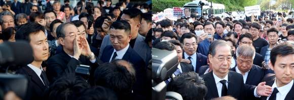 한덕수 전 국무총리가 2일 광주 북구 국립5·18민주묘지에서 광주비상행동 등 시민사회단체의 반발로 발길을 돌렸다. 왼쪽 사진은 한덕수 캠프 제공, 오른쪽 사진은 연합뉴스.