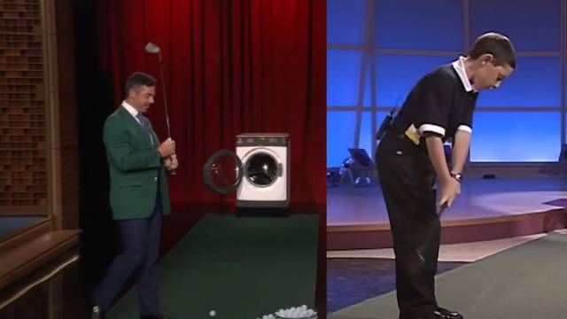 최근 미국의 유명 토크쇼에 출연해 어릴 때처럼 ‘세탁기 샷’을 준비하는 로리 매킬로이(왼쪽). 오른쪽은 26년 전 아홉 살 매킬로이의 모습. 아일랜드의 토크쇼에 출연해 집에서 하던 세탁기 칩샷 연습을 재연했다. 펠런투나잇 X 캡처