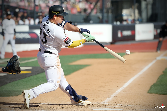 KT 안현민이 4일 수원 키움전에서 역전 투런포를 터트리고 있다. KT 위즈 제공