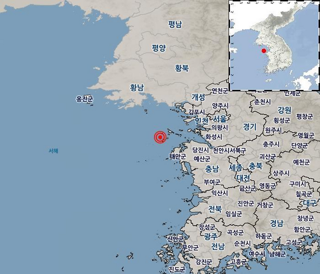 ▲기상청은 5일 오전 7시 53분 59초 충남 태안군 북서쪽 52km 해역에서 규모 3.7의 지진이 발생했다고 밝혔다. /자료제공 = 기상청