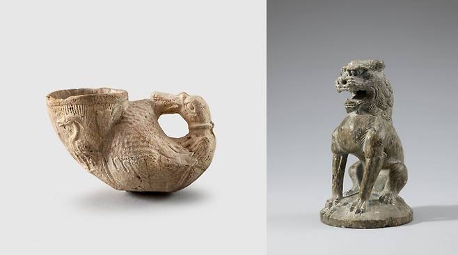 통일신라시대 오리 모양 뿔잔(왼쪽)과 사자 모양 향로 뚜껑 상형토기.