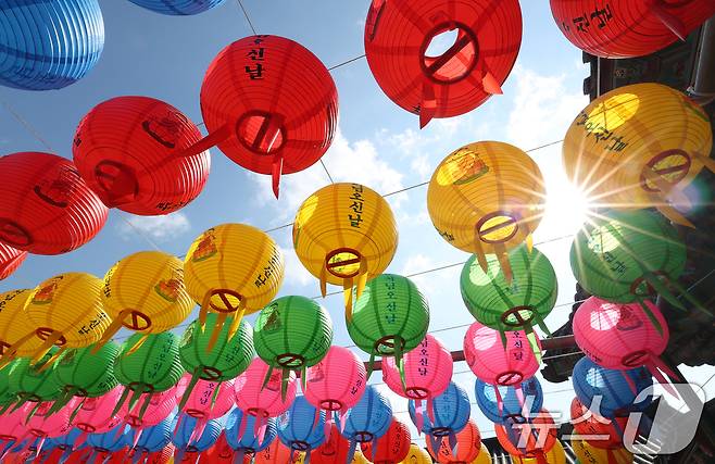 경기 화성시 용주사에 형형색색의 연등이 바람에 휘날리고 있다. 2025.5.2/뉴스1 ⓒ News1 김영운 기자