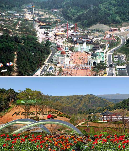 2002년 개장 당시 모습을 찍은 항공사진(사진 위)과 2009년 개장한 오월드 플라워랜드 전경. 대전일보DB