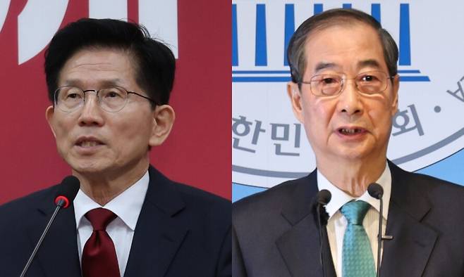 김문수 국민의힘 대통령와 한덕수 전 국무총리. 신소영 기자 viator@hani.co.kr