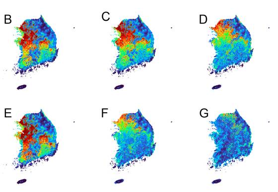 기후변화 시나리오에 따른 물장군 국내 서식 가능 지역 예측도. 붉은색 영역이 서식 가능 구역이다. B, E는 저배출(SSP126) 시나리오에서 2041~2070년(B), 2071~2100년(E) 예측도. C, F는 중배출(SSP370) 시나리오에서 2041~2070년(C), 2071~2100년(F) 예측도. D,G는 고배출(SSP585) 시나리오에서 2041~2070년(D), 2071~2100년(G) 예측도.