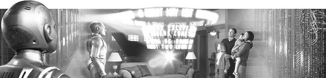 인공지능(AI) 시대를 그린 영화 <바이센테니얼 맨>에는 사람들과 대화를 나누며 함께 살아가는, 인간이 되고 싶은 로봇이 나온다. 사진은 이 영화 장면과 구글 데이터센터 모습을 합성한 것이다. 경향신문 자료사진