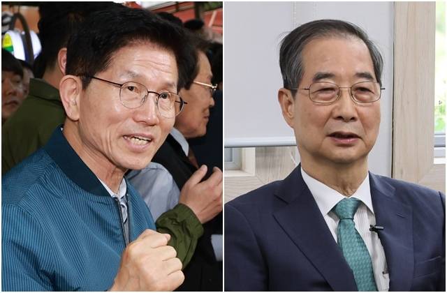 김문수 국민의힘 대선 후보(왼쪽 사진)와 한덕수 무소속 예비후보. 연합뉴스