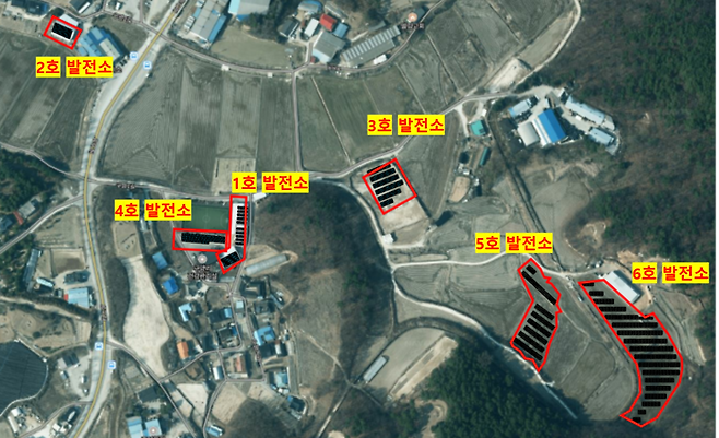 구양리 조감도. 1~4호 발전소는 마을 공용 건축물 지붕에, 5호와 6호는 농지를 전용해 설치했다. [그림=구양리 제공]
