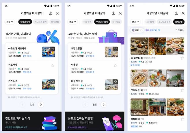 티맵은 5월을 맞아 장소 추천 서비스 '어디갈까'를 확대 개편했다. 티맵은 지난달 24일 '가정의 달' 섹션과 테마별 맞춤형 정보를 제공하는 '컬렉션' 서비스를 도입했다./사진제공=티맵모빌리티