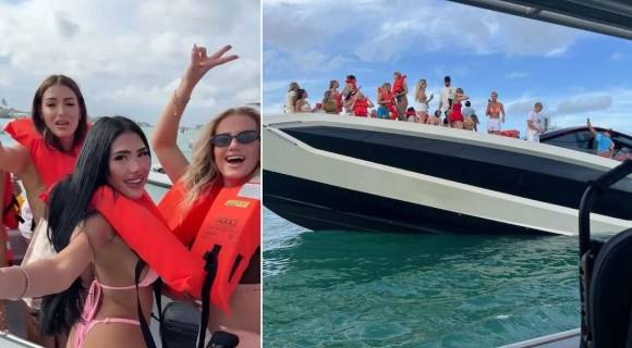 미국 마이애미 비치 근처에서 요트를 타고 있는 비키니 차림의 인플루언서들(왼쪽 사진)이 요트가 침몰하는 위기 상황에도 셀카 찍고 있다. 출처=인스타그램·엑스