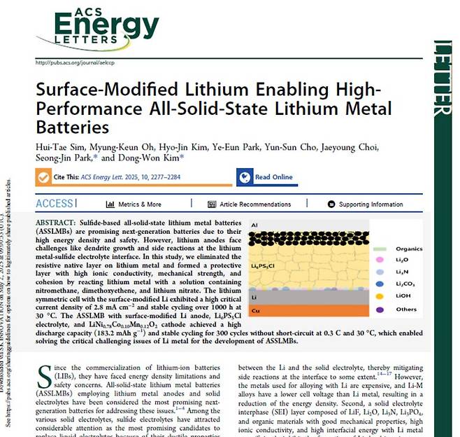 SK온이 연세대 박종혁 교수팀과 함께 연구한 전고체 배터리 연구 성과 국제 유명 학술지에 공개했다. 사진=SK온