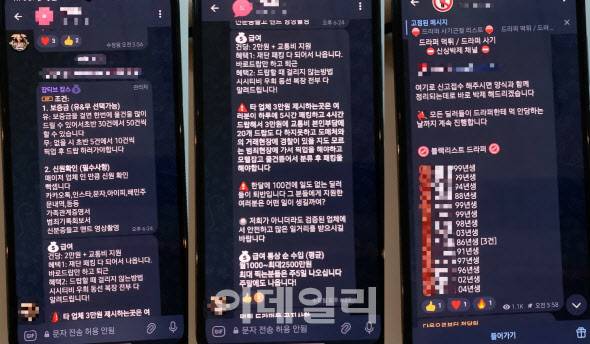 마약 운반책인 ‘드라퍼’를 모집하는 일당이 드라퍼 모집 조건과 급여를 안내하고, ‘먹튀’ 드라퍼의 신상을 박제하고 있다. (사진=정윤지 기자)