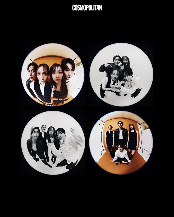 (정현규)레더 보머 재킷, 팬츠 모두 Heon Kim. 이너 톱 Cos. 슈즈 스타일리스트 소장품. (윤소희)베스트, 팬츠 모두 Barrie. 셔츠 Cos. 슈즈 스타일리스트 소장품. (츄)미니드레스, 니하이 삭스 모두 Open Yy. 슈즈 스타일리스트 소장품. (최현준)니트 베스트, 셔츠, 버뮤다팬츠 모두 Adererror. 슈즈 Dr. Martens. 양말 스타일리스트 소장품.