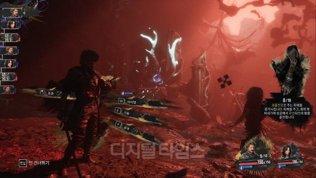 게임 극초반부 장면. 왼쪽 상단에서 전투 순서를, 오른쪽 하단에서 캐릭터의 상태를 확인할 수 있다. 게임 화면 캡처