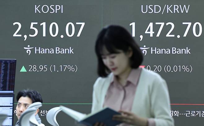 (서울=뉴스1) 김도우 기자 = 공매도 재개 이튿날인 4월1일 오전 서울 중구 하나은행 본점 딜링룸 전광판에 코스피와 코스닥, 원·달러 환율 개장 시황이 표시되고 있다. 이날 코스피는 전거래일 대비 30.12p(1.21%) 상승한 2511.24, 코스닥은 전날 대비 8.73p(1.30%) 오른 681.58에 거래를 시작했다. 원·달러 환율은 전거래일 대비 0.1원 오른 1473.0에 출발했다. 2025.4.1/뉴스1 Copyright (C) 뉴스1. All rights reserved. 무단 전재 및 재배포, AI학습 이용 금지. /사진=(서울=뉴스1) 김도우 기자