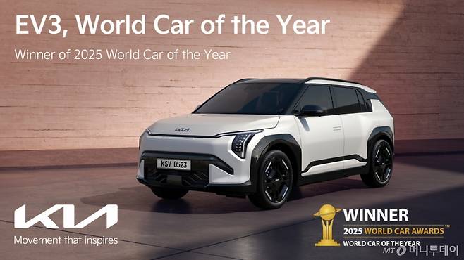 (서울=뉴스1) 김진환 기자 = 기아가 세계 최고 권위의 자동차 상인 ‘2025 월드카 어워즈(2025 World Car Awards)’에서 EV3가 ‘세계 올해의 자동차(World Car of the Year, WCOTY)’에 선정됐다고 밝혔다. (현대차·기아 제공. 재판매 및 DB 금지) 2025.4.20/뉴스1  Copyright (C) 뉴스1. All rights reserved. 무단 전재 및 재배포,  AI학습 이용 금지. /사진=(서울=뉴스1) 김진환 기자
