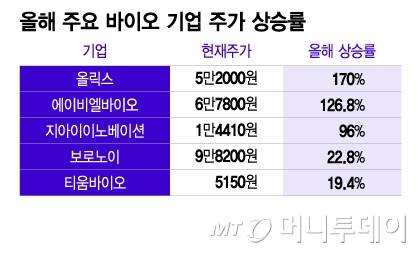 올해 주요 바이오 기업 주가 상승률/그래픽=이지혜