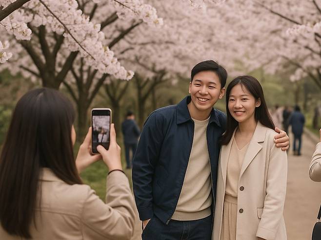 벚꽃 구경에 나선 사람들을 오픈AI의 챗GPT로 생성한 딥페이크 이미지. [권제인 기자]