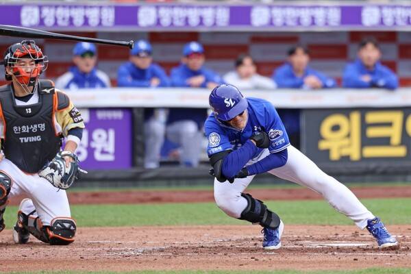 류현진의 공에 팔꿈치를 맞은 구자욱. ⓒ삼성 라이온즈