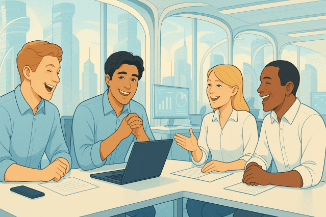 리더는 조직원들과 대화를 통해, 들은 답을 72시간 내에 작은 행동으로 옮김으로써 인재들을 붙잡을 수 있다.(동료와 웃는 모습 생성이미지)