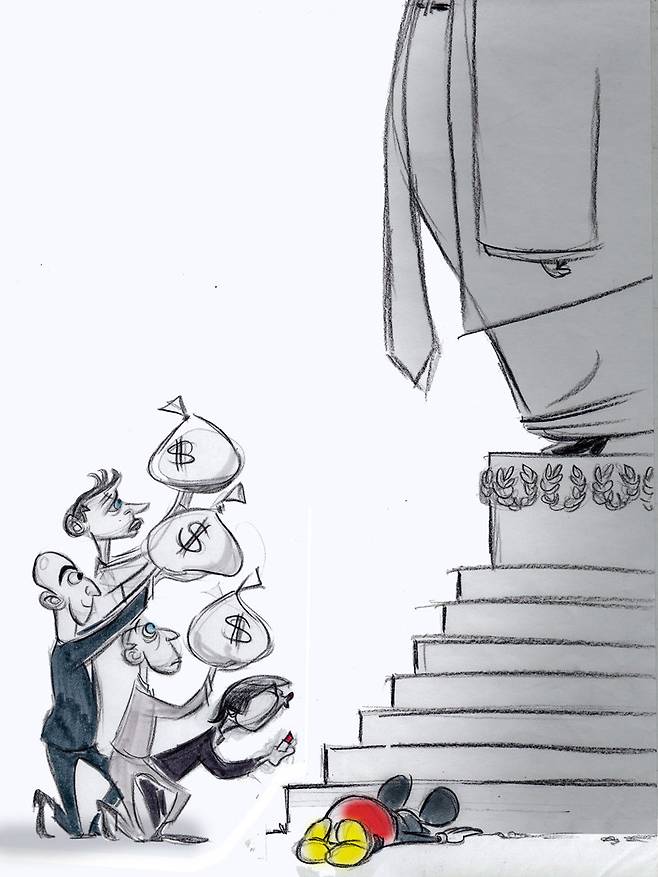 2025년 퓰리처상 만화·삽화 부문 수상자인 앤 텔네이스 전 워싱턴포스트(WP) 만평 작가가 올 1월 그린 만평 초안. 그는 WP를 소유한 제프 베이조스 아마존 창업자(왼쪽) 등이 도널드 트럼프 미국 대통령에게 돈을 바치는 듯한 이 만평의 게재를 거부당하자 회사를 떠났다. 사진 출처 텔네이스 서브스택