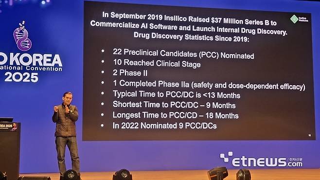 7일 서울 삼성동 코엑스에서 개막한 '바이오코리아 2025'에서 알렉스 자보론코프 인실리코 메디슨 CEO가 기조연설을 하고 있다.