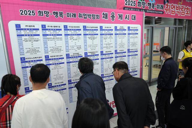 지난달 30일 서울 영등포구 영등포아트홀에서 열린 2025 희망·행복·미래 취업박람회를 찾은 구직자들이 채용게시대를 살펴보고 있다. 뉴스1