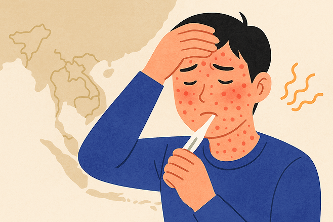 홍역의 주요 증상인 발진·발열이 얼굴에 나타난 모습/OpenAI DALL·E 제작